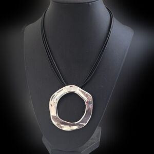 Necklace 3 Strand Black Leather And Large Irregular Circle Pendant